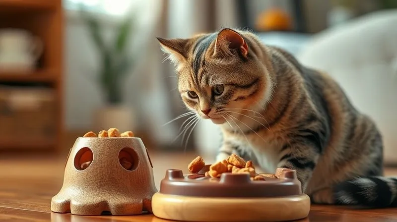 A photorealistic image of an elderly cat slowly batting at a puzzle feeder toy, trying to get treats out. The scene is indoors, cozy, with soft natural light. Sharp focus on the cat and the toy, depth of field blurring the background. 8K hyper-detailed. A photorealistic image of an elderly cat slowly batting at a puzzle feeder toy, trying to get treats out. The scene is indoors, cozy, with soft natural light. Sharp focus on the cat and the toy, depth of field blurring the background. 8K hyper-detailed.