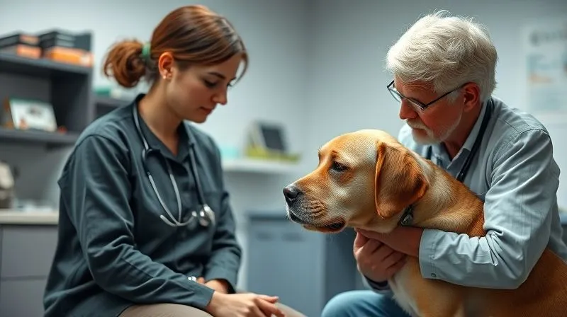 A photorealistic image of a concerned pet owner talking to a compassionate veterinarian, who is gently examining an elderly dog. The clinic setting is clean and well-lit, with a focus on empathy and professional care. Cinematic lighting, sharp focus, depth of field. 8K hyper-detailed. A photorealistic image of a concerned pet owner talking to a compassionate veterinarian, who is gently examining an elderly dog. The clinic setting is clean and well-lit, with a focus on empathy and professional care. Cinematic lighting, sharp focus, depth of field. 8K hyper-detailed.