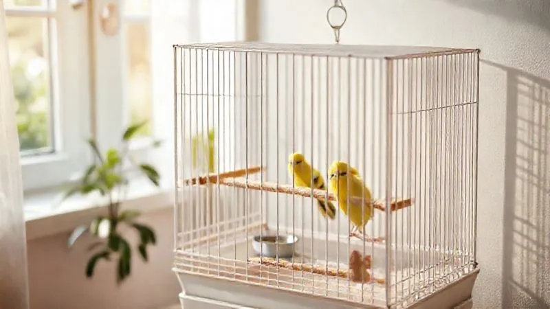 A photorealistic image of a cozy, clean canary cage placed in a quiet, sunlit corner of a room. The cage has soft, natural perches and a small, inviting food dish. Gentle cinematic lighting highlights the peaceful atmosphere. Sharp focus on the cage, with a soft blur of a window and natural plants in the background. 8K hyper-detailed, shot on a high-end DSLR. A photorealistic image of a cozy, clean canary cage placed in a quiet, sunlit corner of a room. The cage has soft, natural perches and a small, inviting food dish. Gentle cinematic lighting highlights the peaceful atmosphere. Sharp focus on the cage, with a soft blur of a window and natural plants in the background. 8K hyper-detailed, shot on a high-end DSLR.