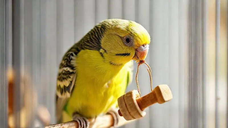 A photorealistic image of an elderly canary gently pecking at a small, safe, natural wooden toy inside a clean cage. The bird shows a hint of curiosity and engagement. Soft, diffused natural light illuminates the scene, sharp focus on the bird and toy, with a cozy, blurred background. 8K hyper-detailed, shot on a high-end DSLR. A photorealistic image of an elderly canary gently pecking at a small, safe, natural wooden toy inside a clean cage. The bird shows a hint of curiosity and engagement. Soft, diffused natural light illuminates the scene, sharp focus on the bird and toy, with a cozy, blurred background. 8K hyper-detailed, shot on a high-end DSLR.
