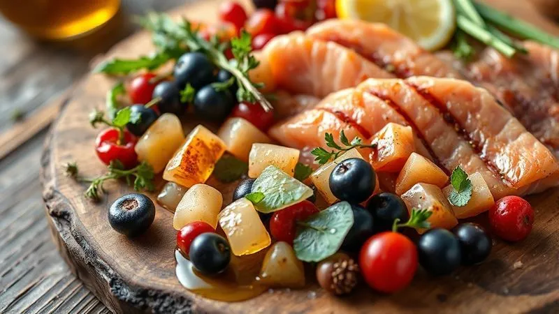 A photorealistic, professional photography, 8K, cinematic lighting, sharp focus, depth of field, shot on a high-end DSLR, depicting a close-up of various natural ingredients like salmon oil, colorful berries, small pieces of lean meat, and green leafy vegetables, artfully arranged on a rustic wooden board, with a soft, warm glow. The scene should evoke health, nutrition, and natural goodness. A photorealistic, professional photography, 8K, cinematic lighting, sharp focus, depth of field, shot on a high-end DSLR, depicting a close-up of various natural ingredients like salmon oil, colorful berries, small pieces of lean meat, and green leafy vegetables, artfully arranged on a rustic wooden board, with a soft, warm glow. The scene should evoke health, nutrition, and natural goodness.