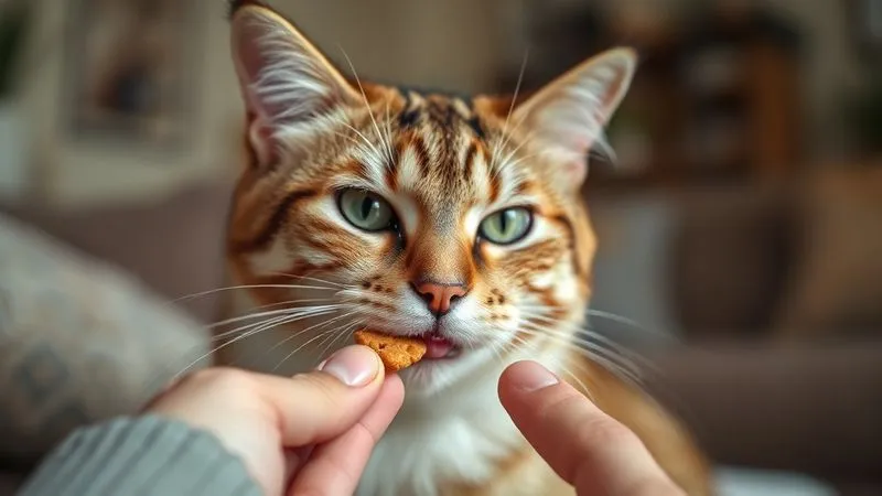 A photorealistic, professional photography, 8K, cinematic lighting, sharp focus, depth of field, shot on a high-end DSLR, showing a senior cat delicately licking a small, soft, enriched treat from a loving owner's fingertip. The cat's eyes are focused on the treat, and the owner's hand is gentle, with a blurred background of a cozy living room, emphasizing the intimate moment and the pet's enjoyment. A photorealistic, professional photography, 8K, cinematic lighting, sharp focus, depth of field, shot on a high-end DSLR, showing a senior cat delicately licking a small, soft, enriched treat from a loving owner's fingertip. The cat's eyes are focused on the treat, and the owner's hand is gentle, with a blurred background of a cozy living room, emphasizing the intimate moment and the pet's enjoyment.