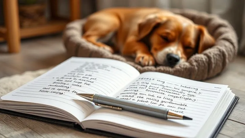 A photorealistic, professional photography, 8K, cinematic lighting, sharp focus, depth of field, shot on a high-end DSLR, showing a beautifully designed, open notebook with handwritten entries about a pet's daily food intake, mood, and activity levels. A pen rests beside it, and in the background, a blurred image of a contented senior pet sleeping in a cozy bed, suggesting care and attention to detail. A photorealistic, professional photography, 8K, cinematic lighting, sharp focus, depth of field, shot on a high-end DSLR, showing a beautifully designed, open notebook with handwritten entries about a pet's daily food intake, mood, and activity levels. A pen rests beside it, and in the background, a blurred image of a contented senior pet sleeping in a cozy bed, suggesting care and attention to detail.