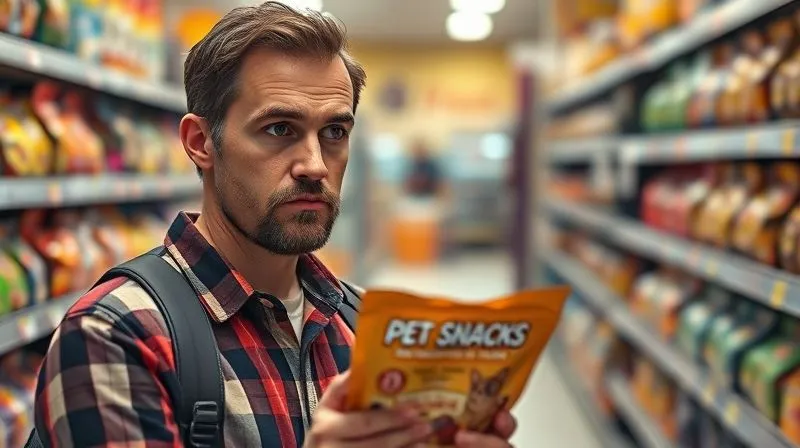 A photorealistic image of a thoughtful pet owner looking at a package of functional pet snacks with a skeptical but contemplative expression, blurred background of a pet store aisle, cinematic lighting, sharp focus on the owner's face, depth of field, 8K hyper-detailed.