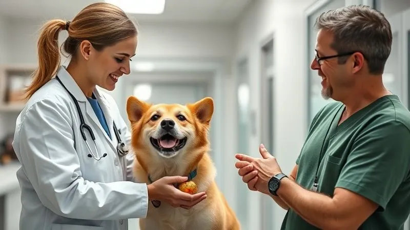 A photorealistic image of a veterinarian in a modern clinic interacting with a happy dog and its owner, demonstrating a functional pet snack. The scene is bright and friendly, emphasizing trust and professional guidance. professional photography, 8K, cinematic lighting, sharp focus, depth of field, shot on a high-end DSLR.