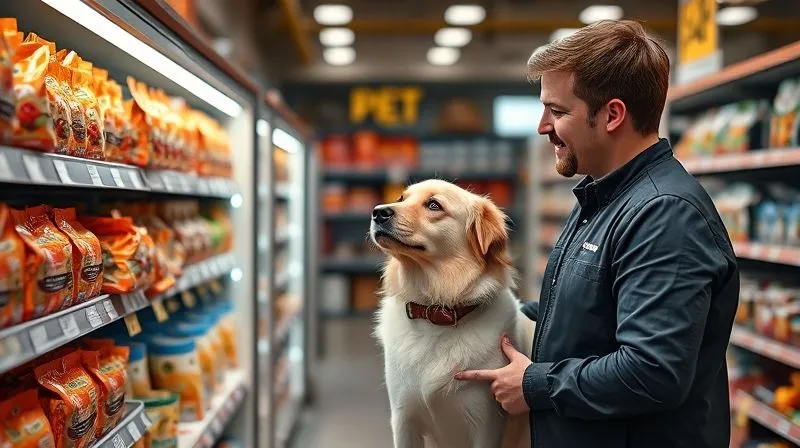 A photorealistic image of a friendly, knowledgeable pet store employee engaging with a pet owner, pointing to a functional pet snack on a shelf, with a curious dog looking up. The interaction is warm and informative, conveying expertise and helpfulness. professional photography, 8K, cinematic lighting, sharp focus, depth of field, shot on a high-end DSLR.
