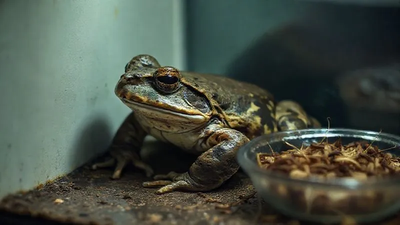 A photorealistic, professional photography, 8K, cinematic lighting, sharp focus, depth of field, shot on a high-end DSLR of an elderly bullfrog (Lithobates catesbeianus) looking lethargic and slightly withdrawn in a corner of its terrarium, with a untouched dish of crickets nearby. The lighting creates a somber, concerned mood. A photorealistic, professional photography, 8K, cinematic lighting, sharp focus, depth of field, shot on a high-end DSLR of an elderly bullfrog (Lithobates catesbeianus) looking lethargic and slightly withdrawn in a corner of its terrarium, with a untouched dish of crickets nearby. The lighting creates a somber, concerned mood.