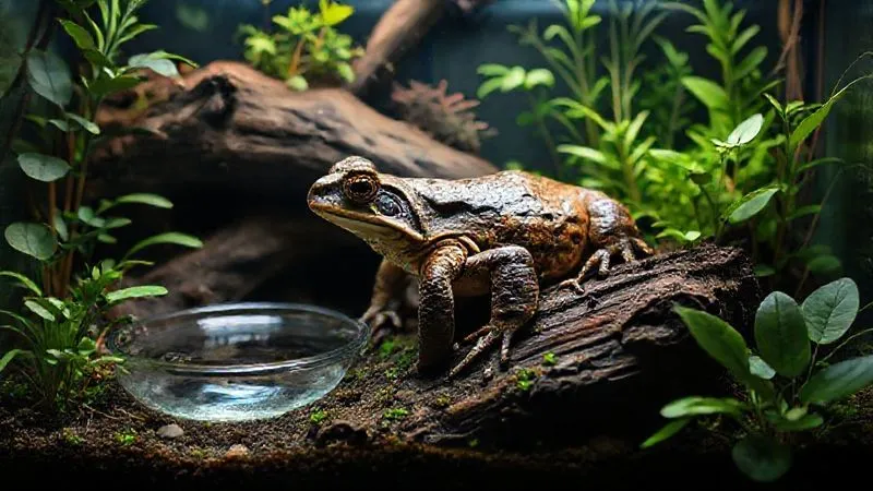 A photorealistic, professional photography, 8K, cinematic lighting, sharp focus, depth of field, shot on a high-end DSLR of an ideal, naturalistic terrarium for an elderly bullfrog. It features lush, non-toxic plants, a deep, moist substrate, a clean water dish, and multiple dark hiding spots (like a hollow log), bathed in soft, warm, indirect light, conveying tranquility and safety. A photorealistic, professional photography, 8K, cinematic lighting, sharp focus, depth of field, shot on a high-end DSLR of an ideal, naturalistic terrarium for an elderly bullfrog. It features lush, non-toxic plants, a deep, moist substrate, a clean water dish, and multiple dark hiding spots (like a hollow log), bathed in soft, warm, indirect light, conveying tranquility and safety.