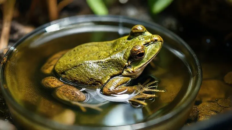 A photorealistic, professional photography, 8K, cinematic lighting, sharp focus, depth of field, shot on a high-end DSLR of an elderly bullfrog (Lithobates catesbeianus) partially submerged in a shallow, clean water dish in its terrarium, absorbing water through its skin. The scene is calm and focused on the frog's peaceful hydration, with soft, natural light. A photorealistic, professional photography, 8K, cinematic lighting, sharp focus, depth of field, shot on a high-end DSLR of an elderly bullfrog (Lithobates catesbeianus) partially submerged in a shallow, clean water dish in its terrarium, absorbing water through its skin. The scene is calm and focused on the frog's peaceful hydration, with soft, natural light.