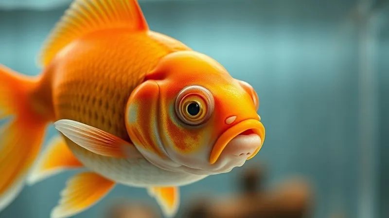 A photorealistic close-up of an elderly, slightly bloated exotic fish (like an old Goldfish or Koi) in a clear aquarium, with scales slightly raised, indicative of early dropsy. The fish's expression is subtle, showing discomfort. Professional photography, 8K, cinematic lighting, sharp focus on the fish's body, depth of field blurring the background of the tank. Shot on a high-end DSLR, emotionally resonant, emphasizing fragility.