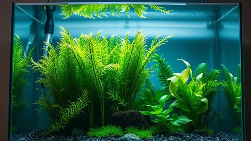 A photorealistic, highly detailed image of a meticulously maintained freshwater aquarium, showcasing crystal-clear water, lush live plants, and subtle, efficient filtration equipment. The lighting is soft and natural, creating a serene underwater environment. Sharp focus on the clarity of the water and the healthy appearance of the aquatic flora, with depth of field subtly blurring the background of the room. 8K, professional photography, cinematic lighting, shot on a high-end DSLR, conveying a sense of calm and expert care.