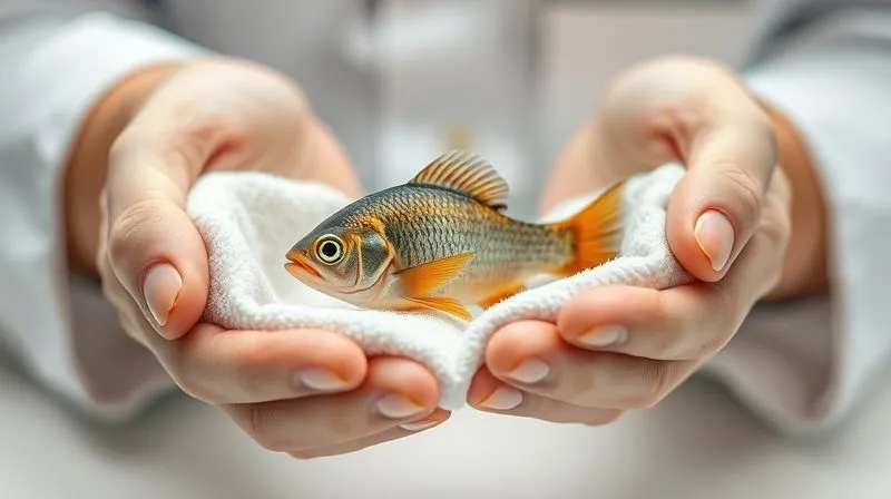 A photorealistic, professional photography shot of a veterinarian's hands gently holding a medium-sized exotic fish (e.g., a Betta or a small Cichlid) in a soft, wet cloth, preparing for a delicate examination or treatment. The focus is on the careful handling and the fish's calm demeanor. Cinematic lighting highlights the precision and care. Depth of field blurs medical instruments or a clean lab environment in the background. 8K, shot on a high-end DSLR, conveying expertise and compassion.