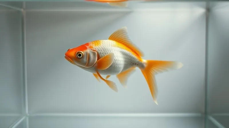A photorealistic image of a single, old, tranquil exotic fish (e.g., a serene Koi or a calm Goldfish) gracefully swimming in a small, minimalist hospital tank. The water is pristine, and the lighting is soft and diffused, creating a peaceful and low-stress environment. Sharp focus on the fish, with a clean, blurred background that emphasizes isolation and gentle care. 8K, professional photography, cinematic lighting, shot on a high-end DSLR, conveying dignity and comfort in advanced age.