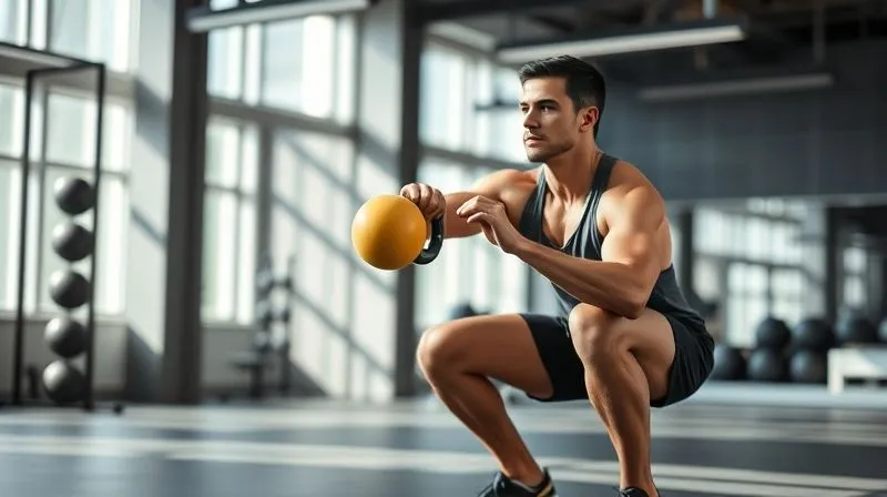 A person performing a functional exercise with good form, looking strong and focused, in a bright, modern gym environment. The individual is mid-squat with a light kettlebell, demonstrating core engagement and balanced posture. Natural light highlights their active form. photorealistic, professional photography, 8K, cinematic lighting, sharp focus, depth of field, shot on a high-end DSLR.