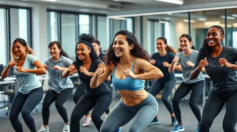 A diverse group of office workers happily participating in a light functional training session during a break, looking energized and collaborative. They are in a modern office space, smiling and engaged in simple bodyweight exercises like gentle stretches or light squats. The atmosphere is positive and active. photorealistic, professional photography, 8K, cinematic lighting, sharp focus, depth of field, shot on a high-end DSLR.