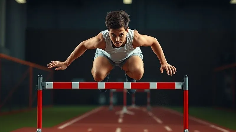 A person overcoming a small obstacle course, symbolizing challenges in maintaining consistency, with a look of determination and success. The individual is mid-jump over a low barrier, with a clear and focused expression, surrounded by a subtle, dynamic motion blur to convey effort. photorealistic, professional photography, 8K, cinematic lighting, sharp focus, depth of field, shot on a high-end DSLR.