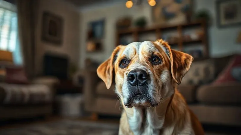 A photorealistic, professional photography, 8K, cinematic lighting, sharp focus, depth of field, shot on a high-end DSLR, showing an elderly dog looking confused in a familiar living room, with a subtle glow around its head representing cognitive decline, without being overly sad or distressing, but rather thoughtful and empathetic. A photorealistic, professional photography, 8K, cinematic lighting, sharp focus, depth of field, shot on a high-end DSLR, showing an elderly dog looking confused in a familiar living room, with a subtle glow around its head representing cognitive decline, without being overly sad or distressing, but rather thoughtful and empathetic.