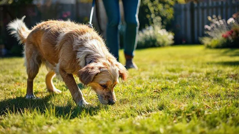 A photorealistic, professional photography, 8K, cinematic lighting, sharp focus, depth of field, shot on a high-end DSLR, depicting an elderly dog comfortably exploring a new, safe patch of grass in a sunny garden, sniffing the ground with curiosity, with its owner gently holding the leash in the background, conveying peaceful discovery. A photorealistic, professional photography, 8K, cinematic lighting, sharp focus, depth of field, shot on a high-end DSLR, depicting an elderly dog comfortably exploring a new, safe patch of grass in a sunny garden, sniffing the ground with curiosity, with its owner gently holding the leash in the background, conveying peaceful discovery.
