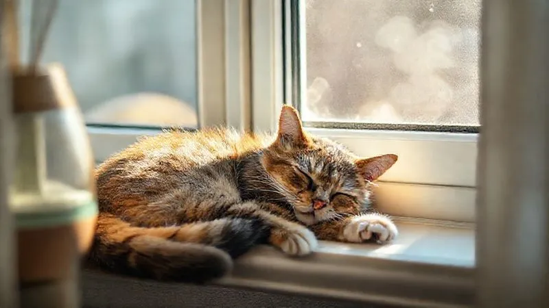A photorealistic, professional photography, 8K, cinematic lighting, sharp focus, depth of field, shot on a high-end DSLR, showing an elderly cat peacefully sleeping on a sunlit window sill, with a subtle, calming aroma diffuser misting in the background, and soft, classical music notes metaphorically floating in the air, conveying tranquility and well-being. A photorealistic, professional photography, 8K, cinematic lighting, sharp focus, depth of field, shot on a high-end DSLR, showing an elderly cat peacefully sleeping on a sunlit window sill, with a subtle, calming aroma diffuser misting in the background, and soft, classical music notes metaphorically floating in the air, conveying tranquility and well-being.