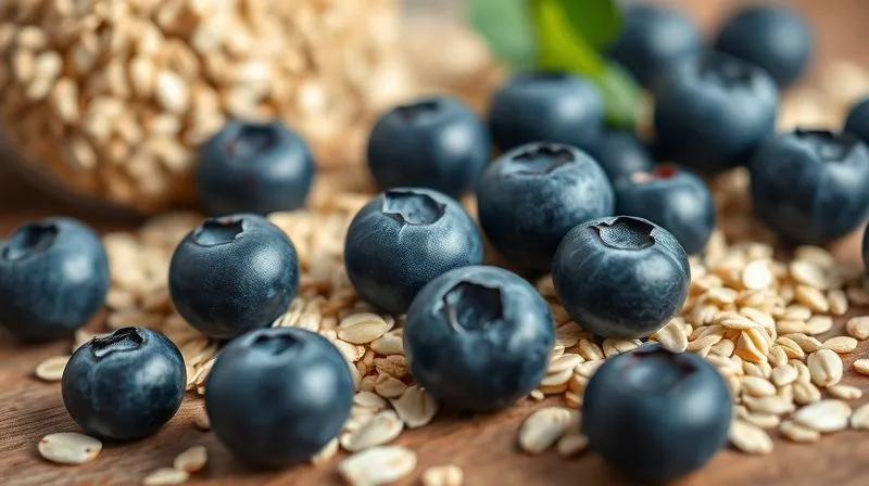 A photorealistic close-up of high-quality, vibrant blueberries, oats, and chia seeds on a wooden table, representing the fresh and potent ingredients of a healthy snack. Cinematic lighting, sharp focus on the ingredients, depth of field blurring the background, 8K hyper-detailed. Professional photography, shot on a high-end DSLR.