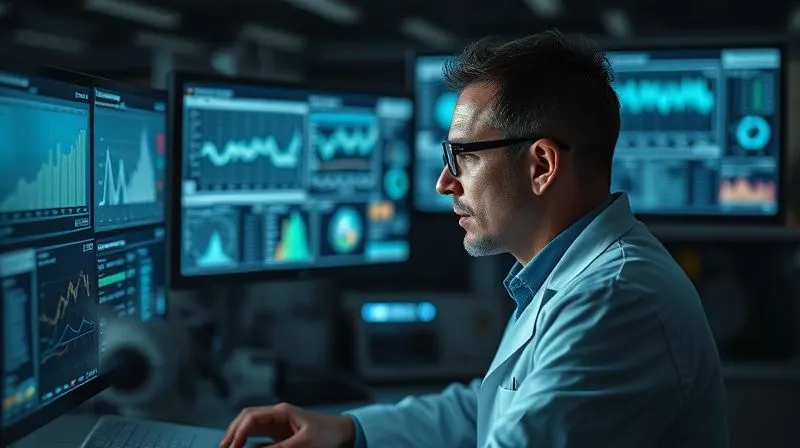 A photorealistic image of a scientist intently analyzing complex data visualizations on multiple screens in a dimly lit laboratory, surrounded by scientific instruments. The screens display intricate graphs and charts, reflecting deep analysis and interpretation. Cinematic lighting, sharp focus on the scientist's face and screens, depth of field blurring the background, 8K hyper-detailed. Professional photography, shot on a high-end DSLR.