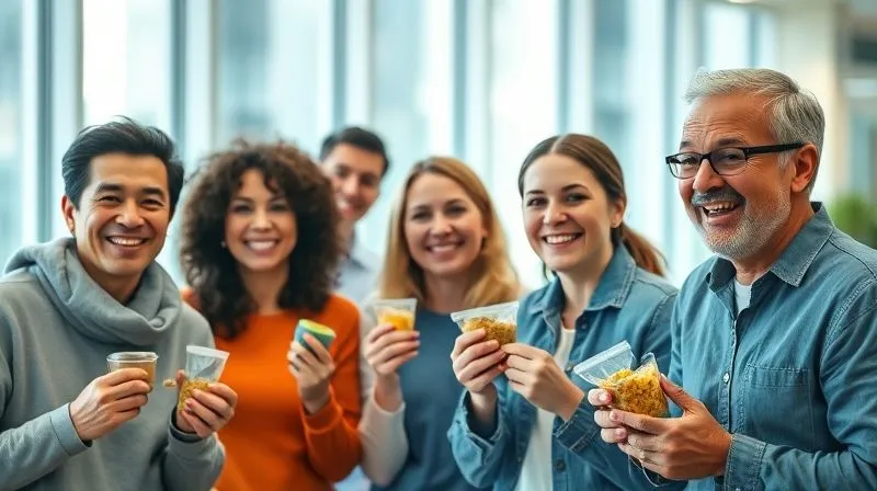 A photorealistic image of a diverse group of people, from different age groups and backgrounds, happily enjoying healthy snacks in a bright, modern setting. Their expressions convey satisfaction and well-being, representing positive consumer feedback and market success. Cinematic lighting, sharp focus on the people and snacks, depth of field blurring the background, 8K hyper-detailed. Professional photography, shot on a high-end DSLR.