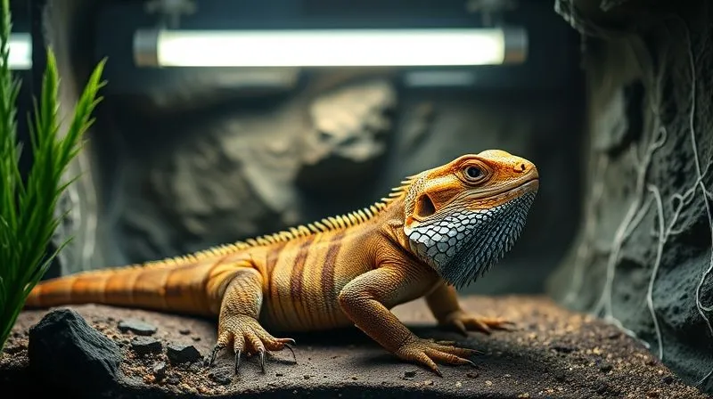 A photorealistic, professional photography, 8K, cinematic lighting, sharp focus, depth of field, shot on a high-end DSLR of a meticulously set up reptile enclosure, focusing on the placement of a tubular UVB lamp and a heat lamp. The lighting should highlight the distinct zones of light and shadow, with a healthy, elderly bearded dragon comfortably basking in the appropriate spot. No visible branding or text. Emphasize naturalistic appearance and scientific precision.