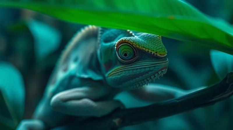 A photorealistic, professional photography, 8K, cinematic lighting, sharp focus, depth of field, shot on a high-end DSLR of an elderly chameleon with slightly cloudy eyes, gently shaded by a large leaf in its meticulously designed enclosure. The lighting is soft and diffused, emphasizing the animal's calm demeanor despite its age. The image should convey a sense of gentle care and adaptation for a visually impaired exotic pet. No visible text or branding.
