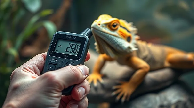 A photorealistic, professional photography, 8K, cinematic lighting, sharp focus, depth of field, shot on a high-end DSLR of a hand holding a digital UV index meter, pointing it towards a reptile enclosure. The meter shows a reading, and in the background, a healthy, calm elderly bearded dragon is visible under appropriate lighting conditions. The image conveys scientific monitoring and careful pet care. No visible text or branding on the meter itself.