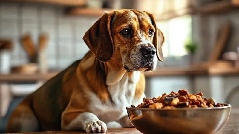 A photorealistic image of an old dog, perhaps a Beagle or a mixed breed, looking contemplative and calm, sitting beside a lovingly prepared bowl of homemade, kidney-friendly dog food. The setting is a warm, inviting kitchen. Soft, natural light emphasizes the dog's gentle expression and the wholesome ingredients in the bowl, creating a sense of peace and care. Professional photography, 8K, cinematic lighting, sharp focus on the dog and food, depth of field blurring the background, shot on a high-end DSLR.