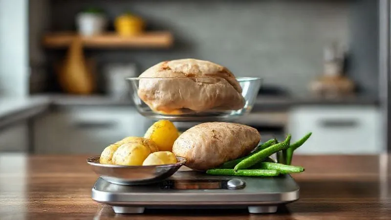A photorealistic, close-up image of a kitchen scale weighing precisely measured portions of cooked chicken breast, steamed sweet potatoes, and green beans, ready for a dog's meal. The background is a clean, modern kitchen counter. The focus is sharp on the food and scale display, emphasizing precision and care in preparing a homemade diet. Professional photography, 8K, cinematic lighting, depth of field, shot on a high-end DSLR.
