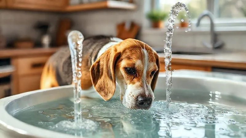 A photorealistic image of a clear, bubbling pet water fountain in a sunlit kitchen, with an old dog (perhaps a Beagle or a mixed breed) gently lapping water. The scene emphasizes hydration and care. Professional photography, 8K, cinematic lighting, sharp focus on the dog and water, depth of field blurring the background, shot on a high-end DSLR.