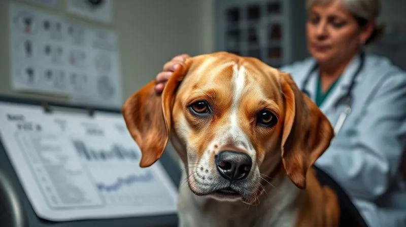 photorealistic, professional photography, 8K, cinematic lighting, sharp focus, depth of field, shot on a high-end DSLR. A senior dog, perhaps a Beagle or a mixed breed, looking contemplative and a bit uncomfortable, with one paw scratching gently at its ear. In the background, a veterinarian with a caring expression is reviewing a medical chart, symbolizing the process of diagnosis and care for complex conditions. The mood is empathetic and professional.