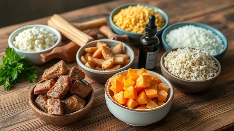 photorealistic, professional photography, 8K, cinematic lighting, sharp focus, depth of field, shot on a high-end DSLR. A variety of specialized pet food ingredients laid out on a clean, rustic wooden table. Include small bowls of carefully portioned novel proteins like venison or duck, alongside hypoallergenic carbohydrates like sweet potato chunks and rice. A small dropper bottle of omega-3 oil is visible. The composition should look clean, scientific, and dedicated to pet health, with soft, natural light.