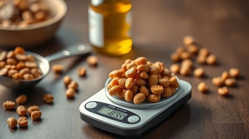 photorealistic, professional photography, 8K, cinematic lighting, sharp focus, depth of field, shot on a high-end DSLR. A close-up shot of a small, precise digital scale weighing a portion of specialized pet food, with a measuring spoon and a small bottle of omega-3 oil in the background, slightly out of focus. The emphasis is on precision and careful measurement in pet nutrition. The lighting is clean and bright, highlighting the texture of the food.
