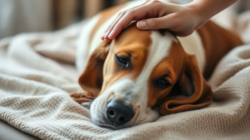photorealistic, professional photography, 8K, cinematic lighting, sharp focus, depth of field, shot on a high-end DSLR. A senior dog, perhaps a gentle Basset Hound, resting comfortably on a soft blanket, looking peaceful. A human hand is gently stroking its head. The scene conveys comfort, peace, and the tender bond of care, emphasizing quality of life. Soft, warm lighting creates an inviting atmosphere.