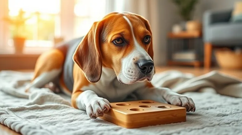 A photorealistic, professional photography of a senior beagle dog, with a wise and content expression, lying comfortably on a soft blanket while solving a simple puzzle toy. The room is brightly lit with natural light, showing a cozy and stimulating environment tailored for an older dog. Cinematic lighting, sharp focus on the dog's face and paws, depth of field blurring the background, 8K hyper-detailed, shot on a high-end DSLR, conveying peace and mental engagement.