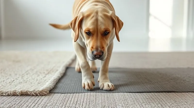 A photorealistic, professional photography of a gentle senior Labrador dog, with a slightly gray muzzle, carefully walking over a series of varied textured surfaces on the floor of a bright, clean room. One section is a soft rug, another is a smooth rubber mat, and a third is a low-pile carpet. Cinematic lighting, sharp focus on the dog's paws and the textures, depth of field blurring the background, 8K hyper-detailed, shot on a high-end DSLR, conveying sensory exploration and gentle movement.