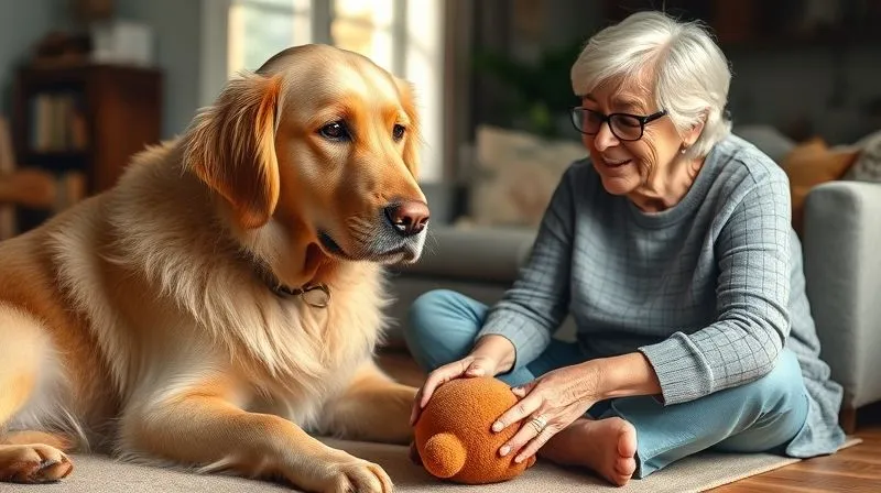 A photorealistic, professional photography depicting a heartwarming scene: a senior Golden Retriever, previously described as apathetic, now with bright, engaged eyes, gently nudging a soft toy towards its smiling elderly female owner, who is sitting on the floor interacting with the dog. The setting is a cozy living room with soft, warm light, emphasizing the bond and renewed joy. Cinematic lighting, sharp focus on the dog and owner's interaction, depth of field blurring the background, 8K hyper-detailed, shot on a high-end DSLR, evoking emotions of love, connection, and success.