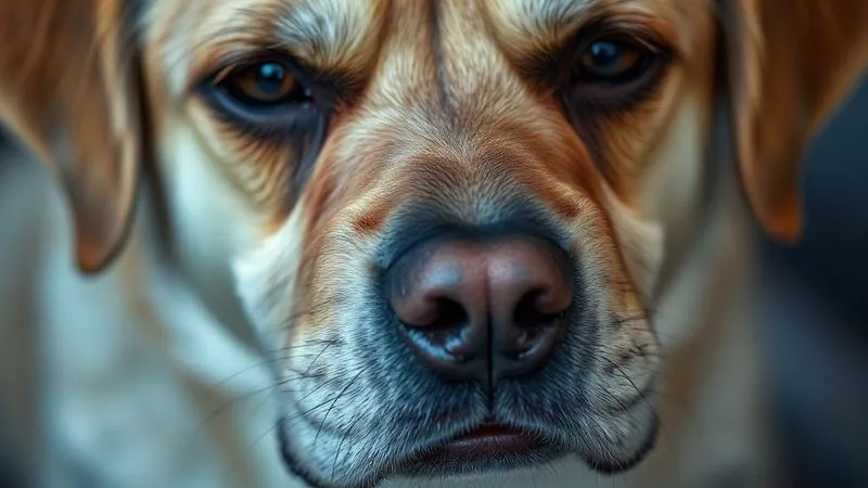 A close-up, photorealistic image of an elderly dog's face, showing subtle signs of discomfort or mild pain in its eyes and mouth area, perhaps a slight furrow in its brow, with soft, empathetic lighting. Professional photography, 8K, cinematic lighting, sharp focus, depth of field, shot on a high-end DSLR. A close-up, photorealistic image of an elderly dog's face, showing subtle signs of discomfort or mild pain in its eyes and mouth area, perhaps a slight furrow in its brow, with soft, empathetic lighting. Professional photography, 8K, cinematic lighting, sharp focus, depth of field, shot on a high-end DSLR.