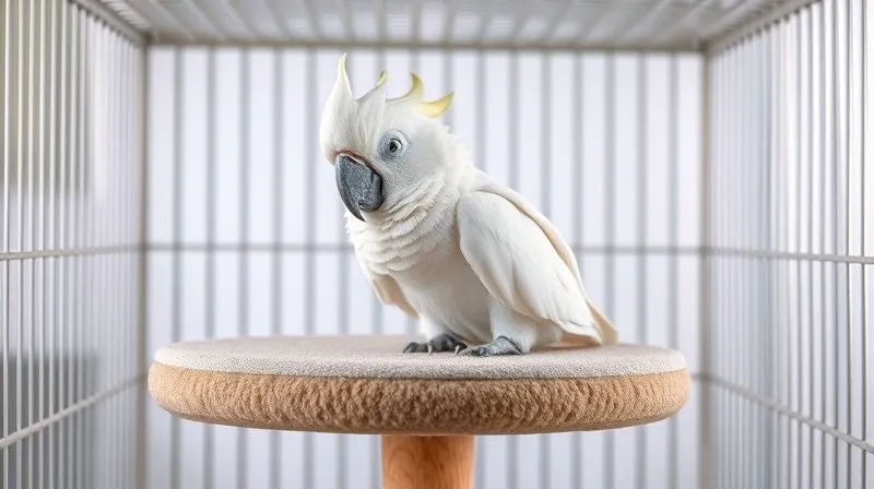 A photorealistic image of an elderly white cockatoo peacefully resting on a soft, multi-textured platform perch inside a spacious, well-lit bird cage. The perch is made of natural, rounded wood with a soft, non-slip covering. The bird looks calm and comfortable, with its eyes gently closed. Cinematic lighting highlights the textures of its feathers and the perch, with a sharp focus on the bird and a gentle depth of field blurring the background of the cage. 8K hyper-detailed. A photorealistic image of an elderly white cockatoo peacefully resting on a soft, multi-textured platform perch inside a spacious, well-lit bird cage. The perch is made of natural, rounded wood with a soft, non-slip covering. The bird looks calm and comfortable, with its eyes gently closed. Cinematic lighting highlights the textures of its feathers and the perch, with a sharp focus on the bird and a gentle depth of field blurring the background of the cage. 8K hyper-detailed.