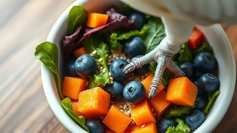 A photorealistic, professional photography, 8K, cinematic lighting, sharp focus, depth of field, shot on a high-end DSLR, of a vibrant, colorful bowl of fresh, healthy food for a cockatoo. The bowl contains dark leafy greens, blueberries, chopped carrots, and a sprinkle of ground flaxseed. The light is bright and natural, emphasizing the freshness and healthiness of the ingredients, with a cockatoo's foot gently reaching towards the bowl in the foreground. A photorealistic, professional photography, 8K, cinematic lighting, sharp focus, depth of field, shot on a high-end DSLR, of a vibrant, colorful bowl of fresh, healthy food for a cockatoo. The bowl contains dark leafy greens, blueberries, chopped carrots, and a sprinkle of ground flaxseed. The light is bright and natural, emphasizing the freshness and healthiness of the ingredients, with a cockatoo's foot gently reaching towards the bowl in the foreground.