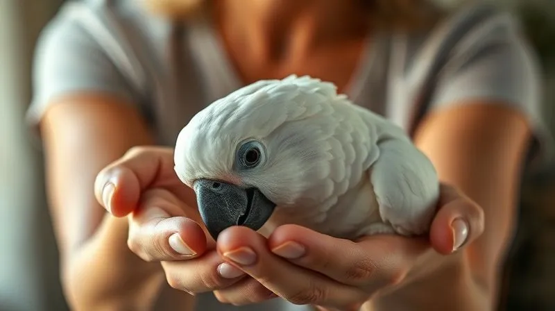 A photorealistic, professional photography, 8K, cinematic lighting, sharp focus, depth of field, shot on a high-end DSLR, of a person's gentle hands cradling an elderly white cockatoo. The bird's head is nuzzled into the person's palm, conveying deep trust and affection. The lighting is soft and warm, creating an intimate and emotionally resonant scene, highlighting the bond between human and bird. The background is softly blurred. A photorealistic, professional photography, 8K, cinematic lighting, sharp focus, depth of field, shot on a high-end DSLR, of a person's gentle hands cradling an elderly white cockatoo. The bird's head is nuzzled into the person's palm, conveying deep trust and affection. The lighting is soft and warm, creating an intimate and emotionally resonant scene, highlighting the bond between human and bird. The background is softly blurred.