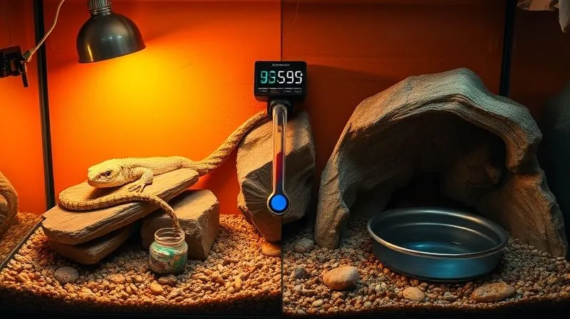 A photorealistic, professional photography, 8K, cinematic lighting, sharp focus, depth of field, shot on a high-end DSLR of a meticulously organized reptile terrarium split into distinct thermal zones. On one side, a gentle heat lamp illuminates a flat basking rock. On the opposite side, a shaded, cool hide with a water dish is easily accessible. A digital thermometer clearly shows the temperature difference between the two zones. The scene emphasizes clear accessibility and thermal management for an elderly reptile.