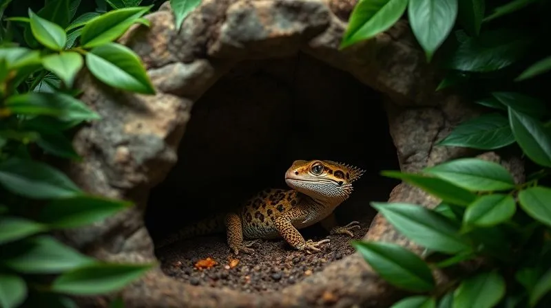 A photorealistic, professional photography, 8K, cinematic lighting, sharp focus, depth of field, shot on a high-end DSLR of a cozy, accessible reptile hideout in a terrarium. The hide is made of a smooth, low-entry rock formation, surrounded by lush, non-toxic artificial foliage creating deep shadows. An elderly leopard gecko is partially visible, comfortably resting inside, emphasizing safety and thermal refuge. The lighting is soft and inviting, highlighting the texture of the materials.