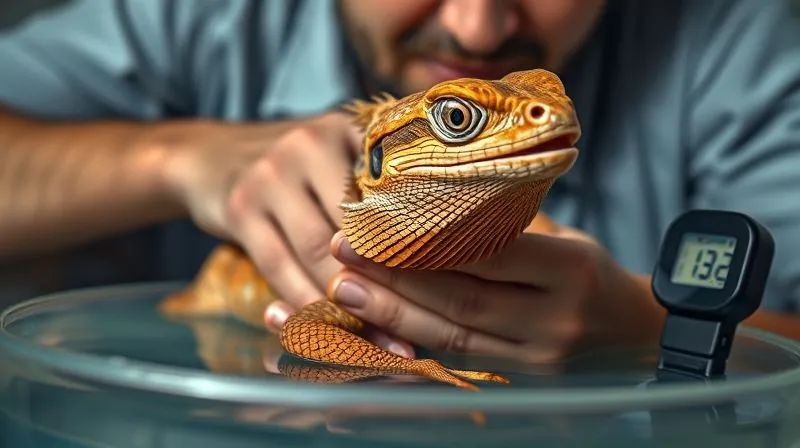A photorealistic, professional photography, 8K, cinematic lighting, sharp focus, depth of field, shot on a high-end DSLR of a concerned pet owner gently holding an elderly bearded dragon, whose mouth is slightly open and skin appears somewhat pale, indicative of heat stress. The owner is carefully placing the reptile into a shallow, room-temperature water bath, with a digital thermometer visible nearby showing a high ambient temperature. The scene is urgent yet compassionate, highlighting the need for quick action and care.