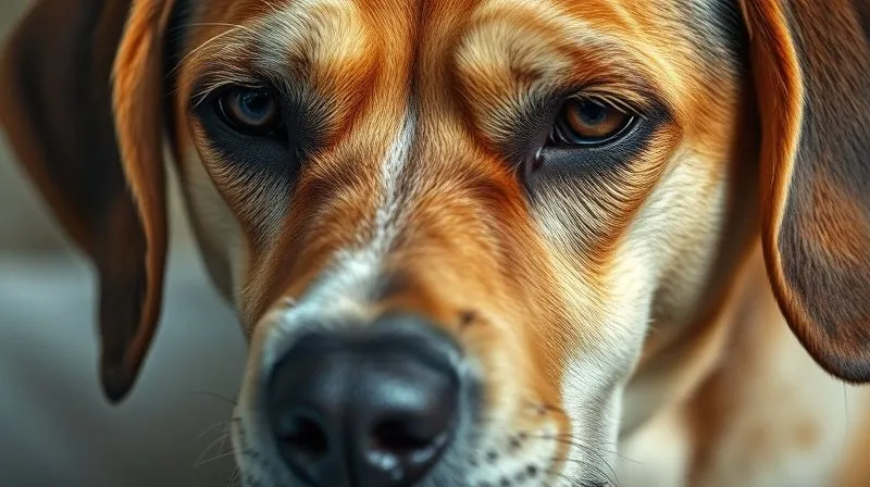A photorealistic close-up of an elderly dog's face (e.g., a Beagle or Labrador) showing subtle signs of anxiety and apathy in its eyes, perhaps a slight furrow in the brow, with a soft, concerned expression. The lighting is gentle and empathetic. professional photography, 8K, cinematic lighting, sharp focus, depth of field, shot on a high-end DSLR.