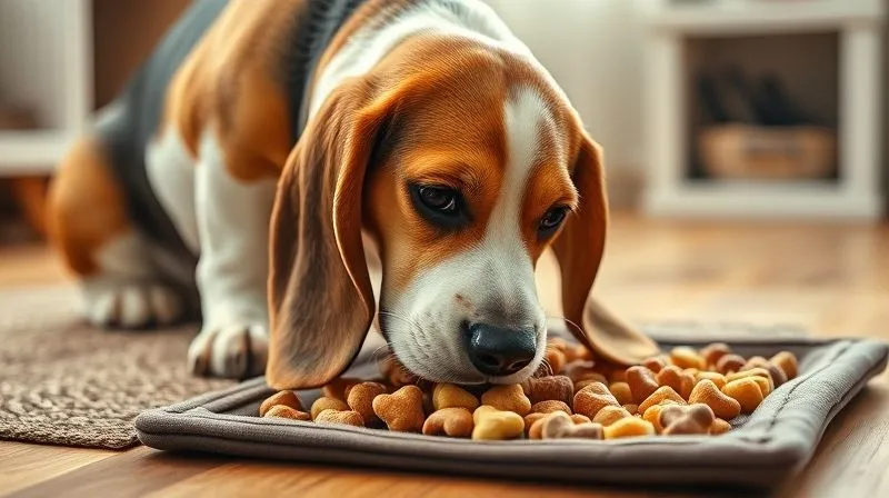 A photorealistic image of an elderly dog (e.g., a Basset Hound or Beagle) gently sniffing a snuffle mat filled with treats, its nose focused. The setting is a cozy indoor environment with soft lighting. professional photography, 8K, cinematic lighting, sharp focus, depth of field, shot on a high-end DSLR.