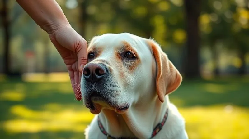 A photorealistic image of an elderly Labrador Retriever, looking content and relaxed, gently nudging a human hand. The scene is outdoors in a soft, sunlit park, with a blurred background of trees. professional photography, 8K, cinematic lighting, sharp focus on the dog and hand, depth of field, shot on a high-end DSLR.