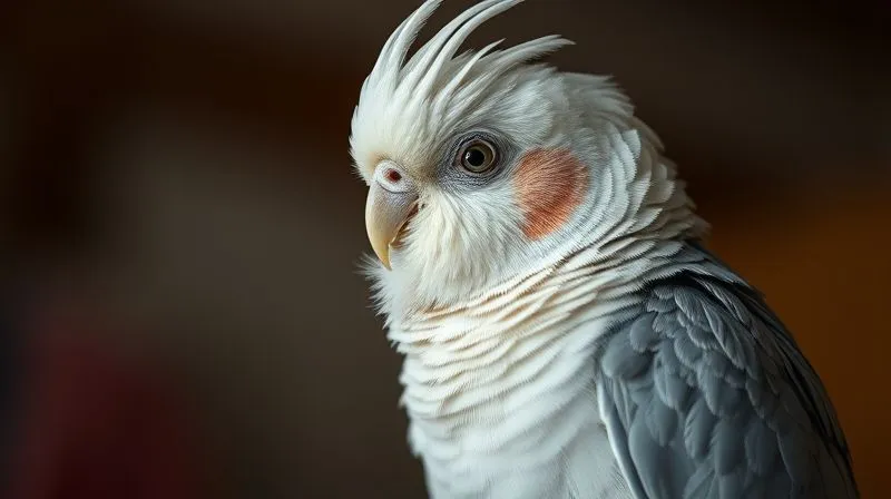 A photorealistic close-up of an elderly cockatiel with slightly ruffled feathers, looking contemplative but comfortable on a soft, wide perch, cinematic lighting, sharp focus on the bird's eyes, 8K hyper-detailed, professional photography, shot on a high-end DSLR.